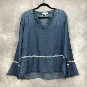 Fourteenth Place Chambray Blouse‎ Boho Crochet Trim Boho Bell Sleeves Size XL